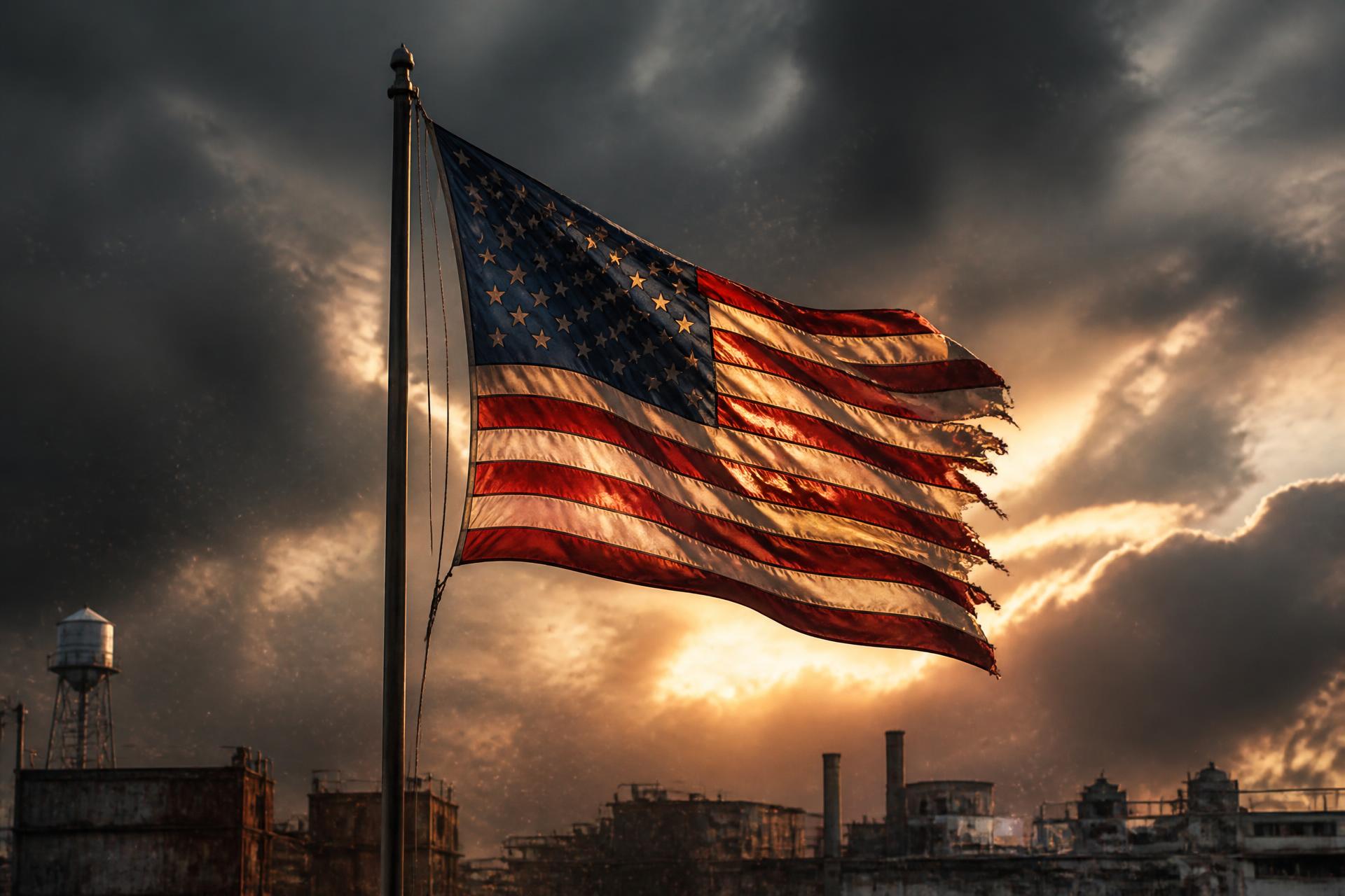 American flag against a stormy industrial sky